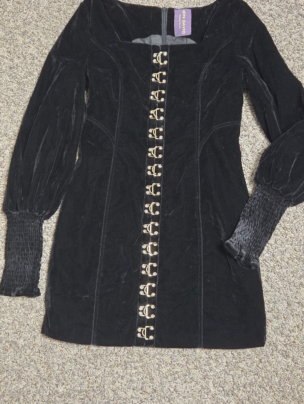 Black Velvet Mini Dress with Gold Hook Detail